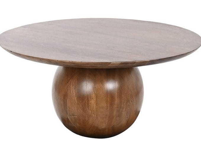 mesa de centro en madera de acacia redonda con base de esfera en madera maciza