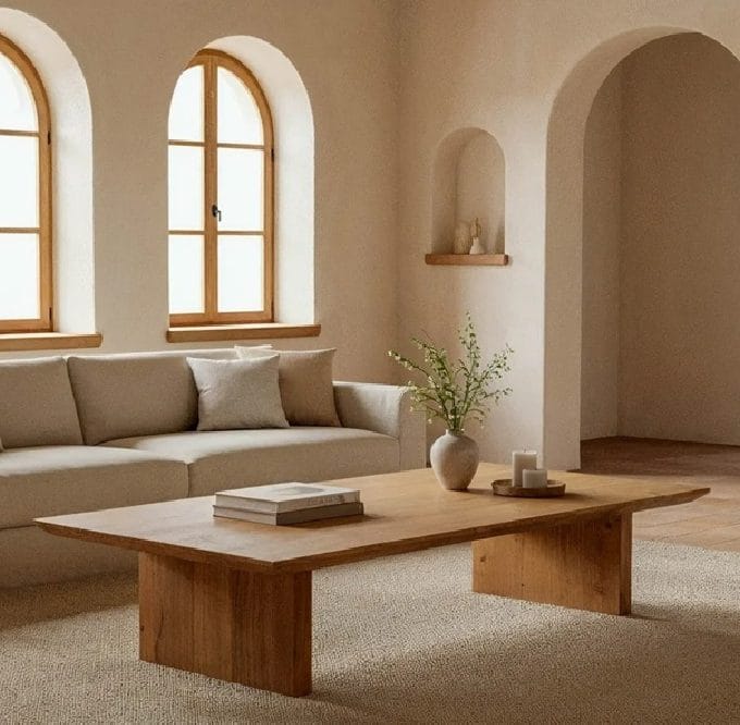mesa de centro rectangular en madera de acacia natural de estilo japandi