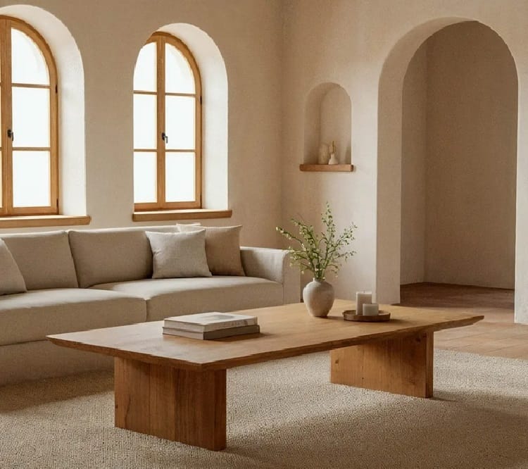 mesa de centro rectangular en madera de acacia natural de estilo japandi