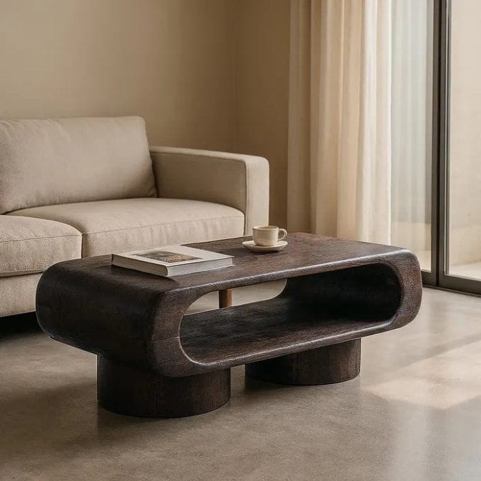 Mesa de Centro Redonda Madera Mango Oscuro Roger, Rústica (90dx45 cm)
