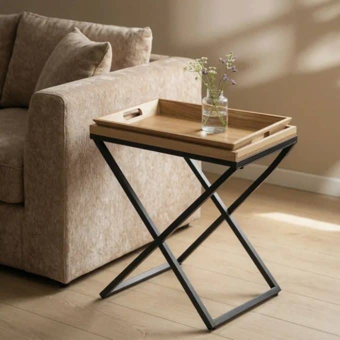 bandeja auxiliar de patas cruzadas con bandeja extraible de estilo vintage