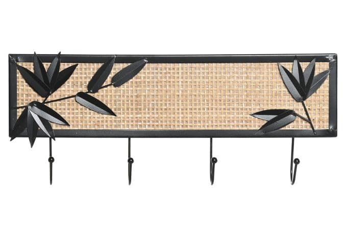 percha de pared en ratán con flores metal negro