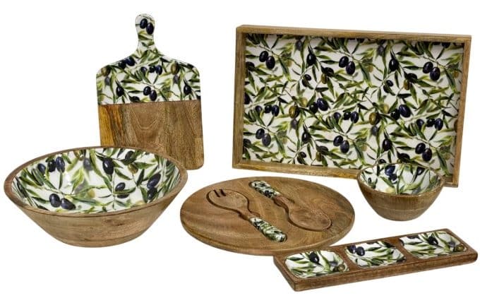 Bandeja Madera Mango Dibujo Ramos de Olivo, Estilo Mediterráneo (44x27x4,5 cm)