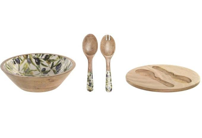Ensaladera Madera Mango Dibujo Ramos de Olivo, Estilo Mediterráneo (30dx10 cm)