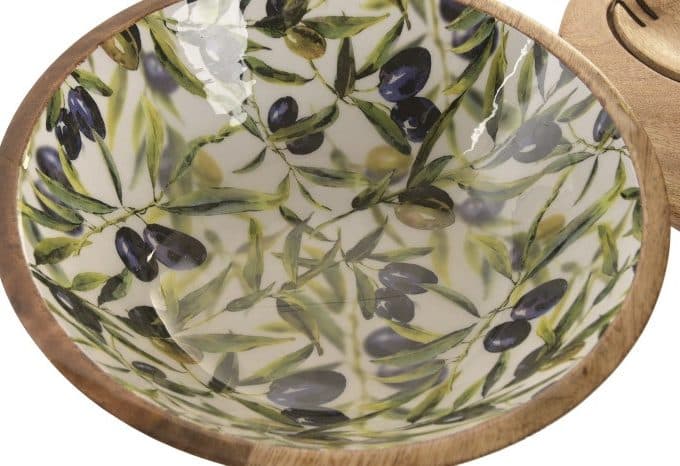 Ensaladera Madera Mango Dibujo Ramos de Olivo, Estilo Mediterráneo (30dx10 cm)