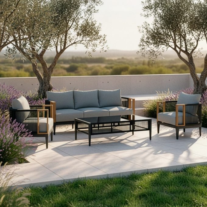 set de jardín en aluminio bicolor de sofá, sillones y mesa de centro