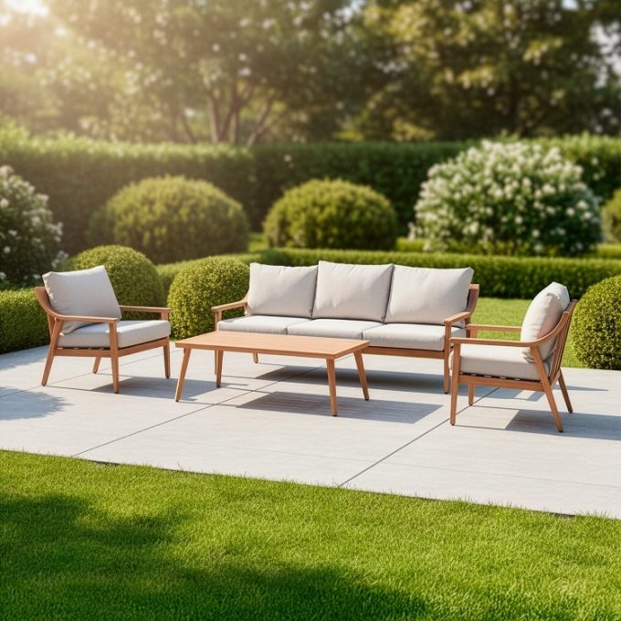 set de jardín en aluminio formado por sofá de tres polazas, dos sillones y mesita baja