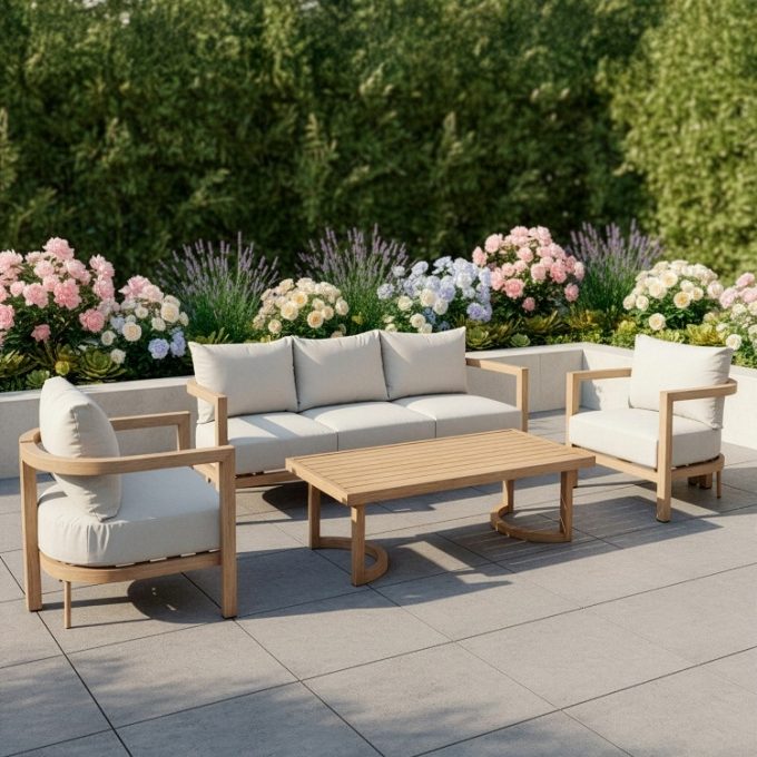 set de jardín en aluminio formado por sofá de tres plazas, sillones y mesita baja