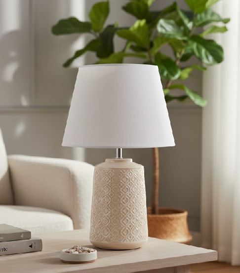 Lámpara Mesa Cerámica Esmaltada Crema con Grabados (33dx52 cm)