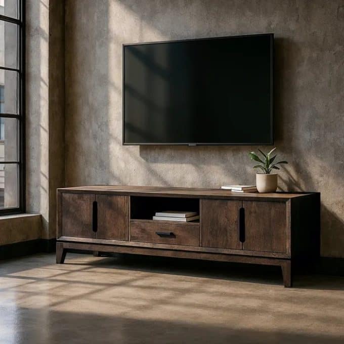 mueble auxiliar-tv en madera de mango oscuro con puertas y cajón central
