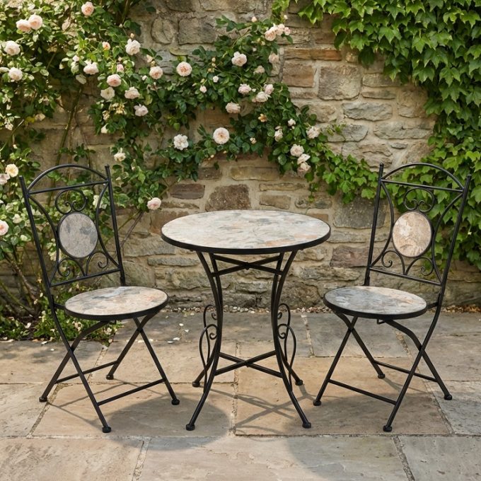 Set de Jardín Metal Negro Piedra Dibujo Flores Multicolor, Bistró