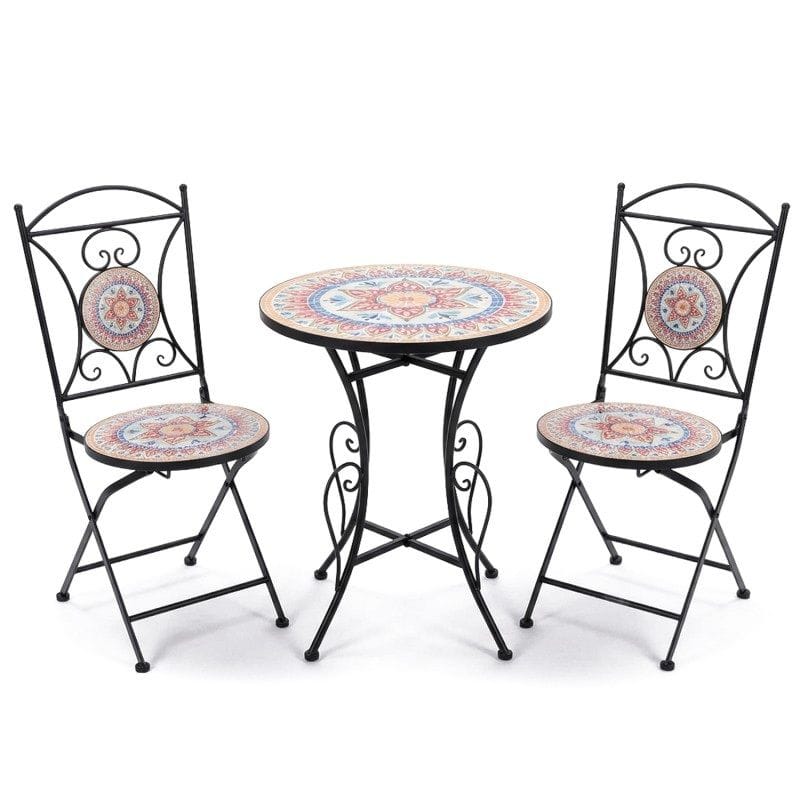 set de jardín en hierro negro combinado con piedra multicolor de estilo vintage