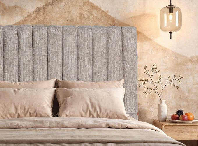 cabecero acolchado y tapizado en tejido de poliéster gris taupe
