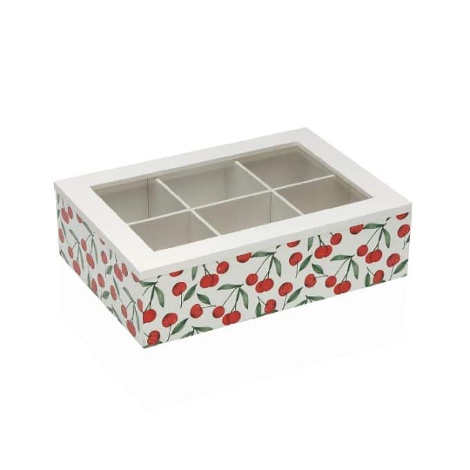 caja de té en madera blanca con dibukos de cerezas de estilo vintage