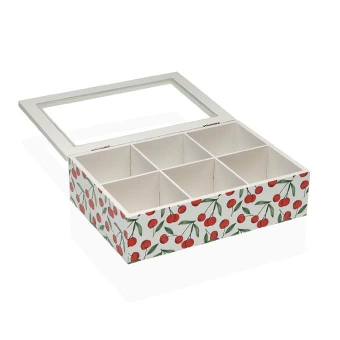 Caja de Té en Madera Blanca Cerezas Rojas, Vintage (24x17x7 cm)