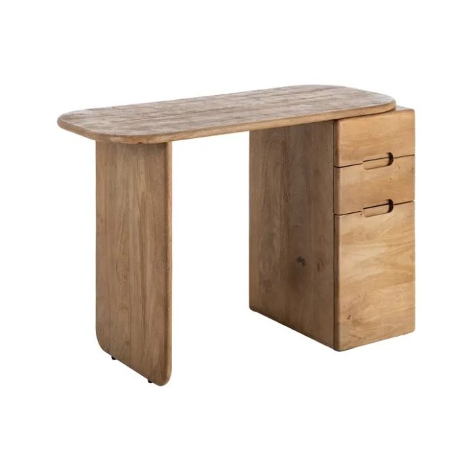 escritorio en madera de mango de estilo nórdico con módulo lateral con dos cajones y puerta