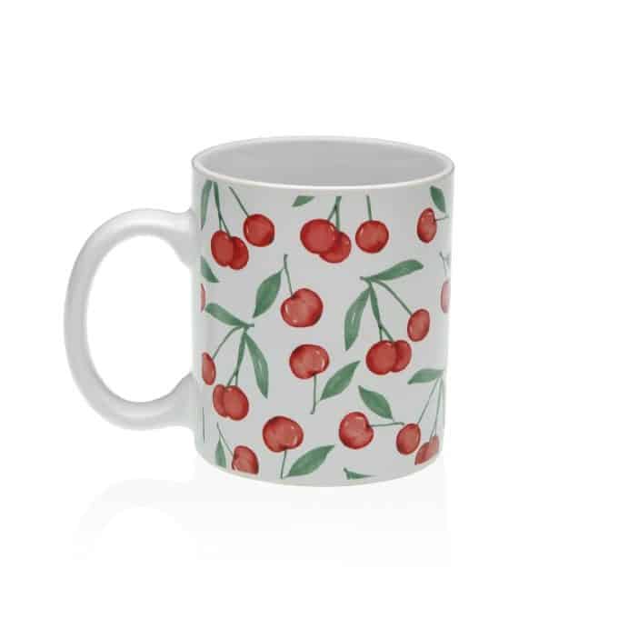 set de dos mugs en gres blanco con motivos de cerezas multicolor