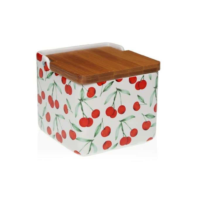 salero de cocina en cerámica blanca con motivos de cerezas y tapa de bambú basculante