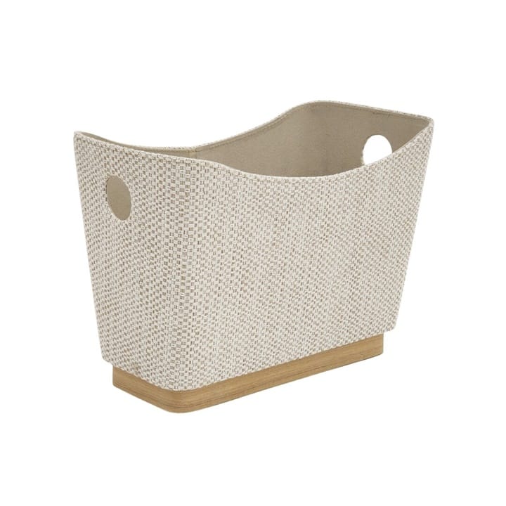 revistero en tejido beige jaspeado con base de madera natural