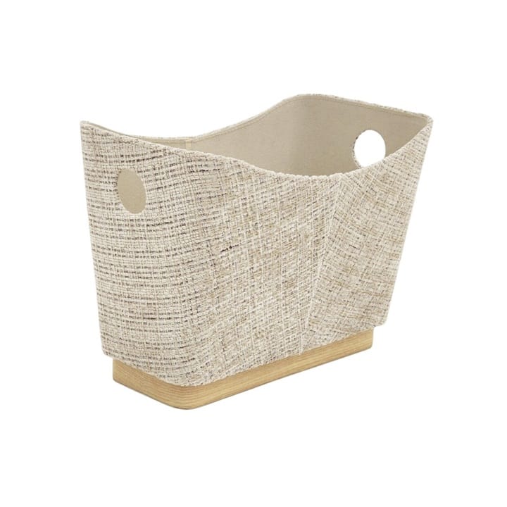 revistero en tejido jaspeado beige y base en madera