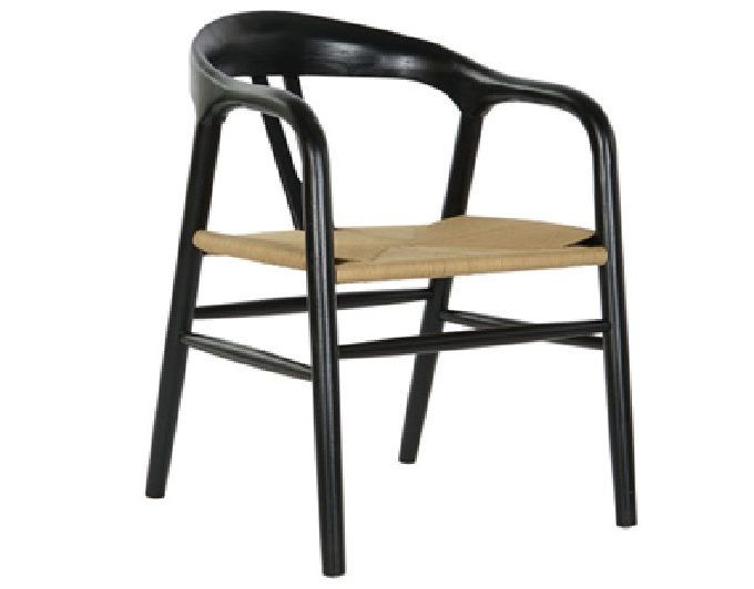 silla en madera de olmo tintada en negro con apoyabrazos y asiento en cuerda trenzada de estilo rústico