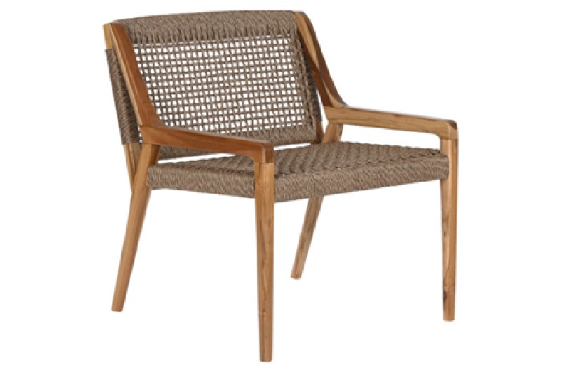 silla en madera de teca natural con asuento y respaldo en cuerda trenzada de estilo rústico
