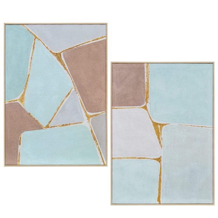 Set de 2 cuadros abstracto en tonos azules y marroens con detalles dorados