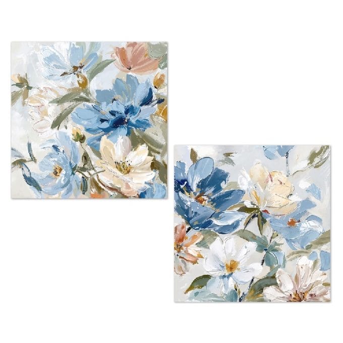 set dos óleos de flores en tonos azules y blancas