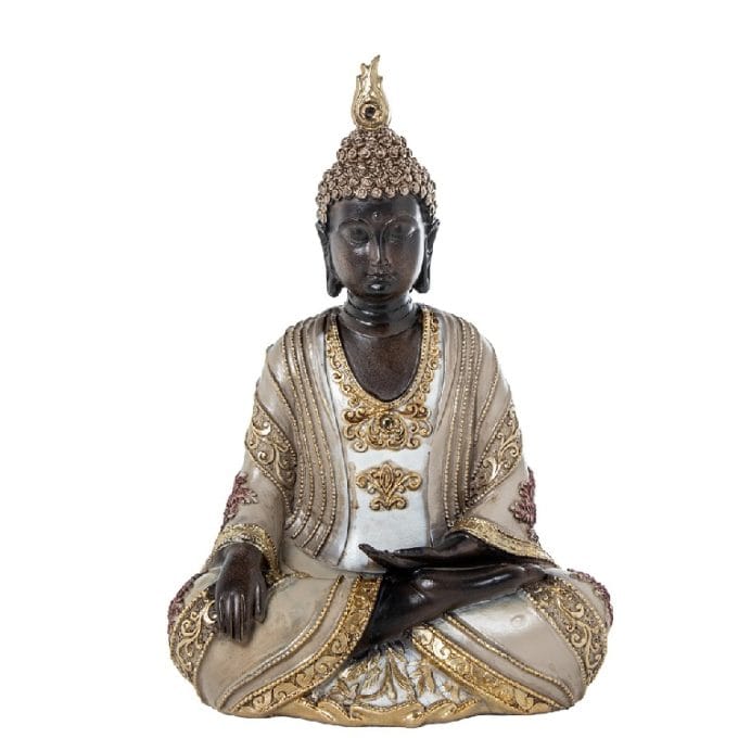 figura de buda en resina marrón con detalles dorados