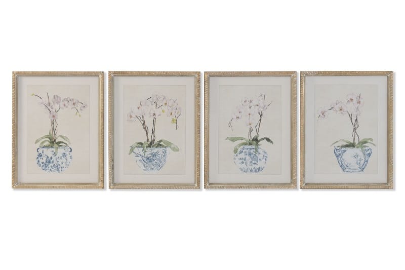 Set de 4 cuadros de estilo botánico con motivos de orquídeas y marco en abeto natural