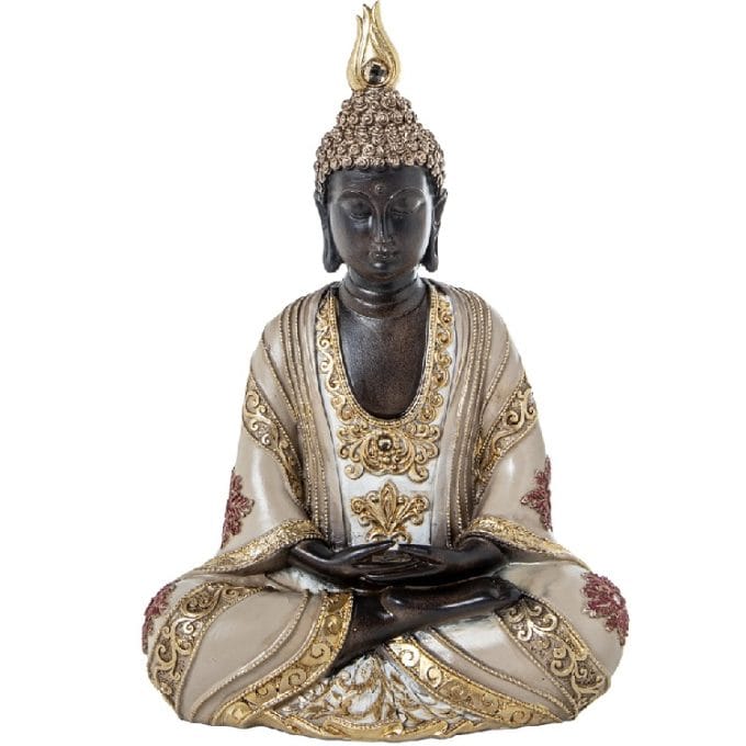 figura de buda en resina marrón con túnica beige con detalles grabados en dorado