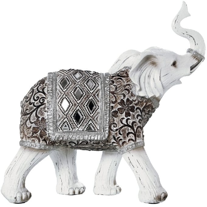 figura de elefante en resina blanca con detalles grabados