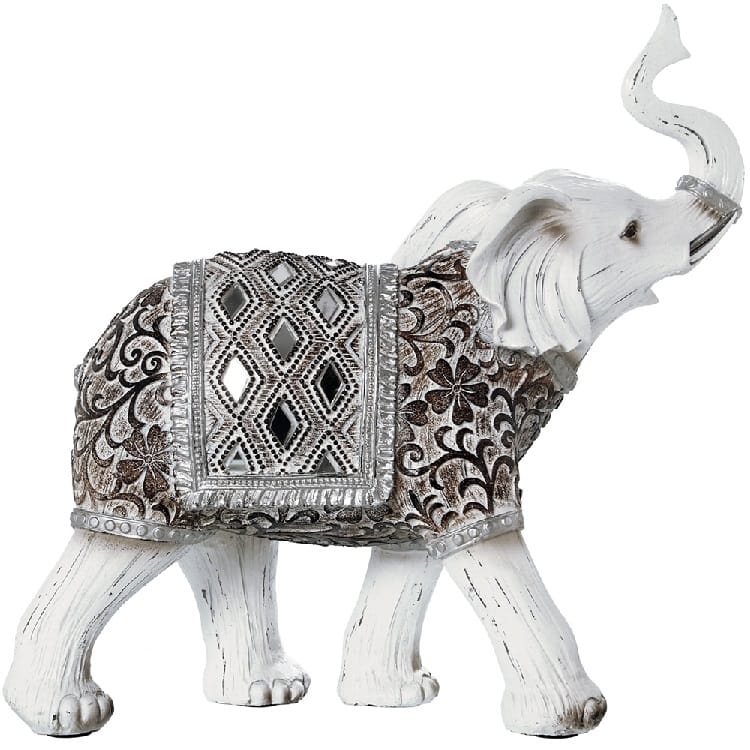 figura de elefante en resina blanca con detalles grabados