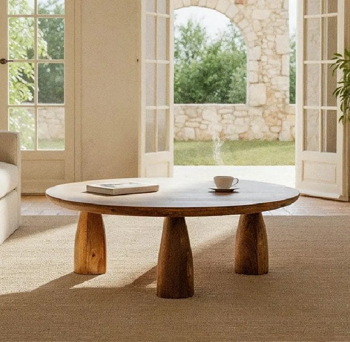 mesa de centro redonda en madera de mango de estilo japandi