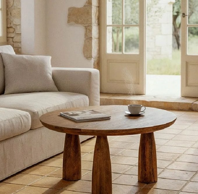 Mesa de Centro Redonda en Madera de Mango Dogo, Japandi (90d x30cm)