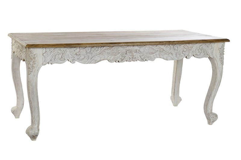 mesa de comedor en madera de mango decapado blanco con motivos grabados y sobre en madera natural