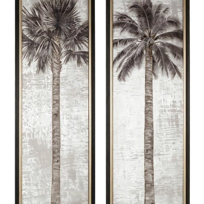 Set de 2 cuadros espejo con detalles de palmeras impresas en negro de estilo colonial
