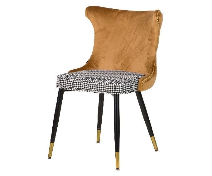 silla en terciopelo ocre con asiento en vichy blanco y negro de estilo art decó
