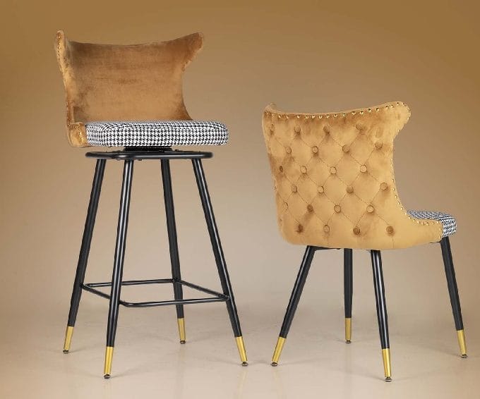 Set 2 Sillas Terciopelo Ocre y Cuadritos Vichy Art Decó (49x54x82 cm)