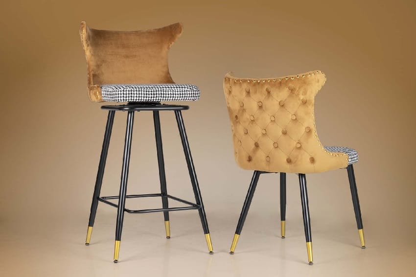 Set 2 Sillas Terciopelo Ocre y Cuadritos Vichy Art Decó (49x54x82 cm) - Imagen 2