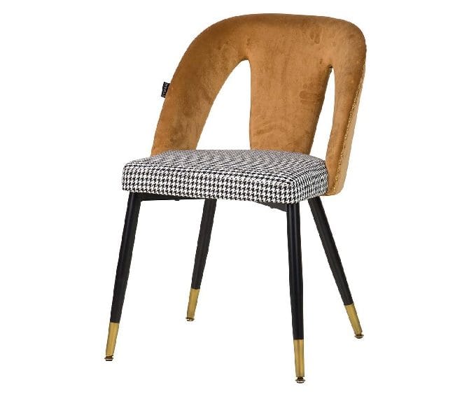 silla en terciopelo ocre combinado con asiento en vichy de estilo art decó