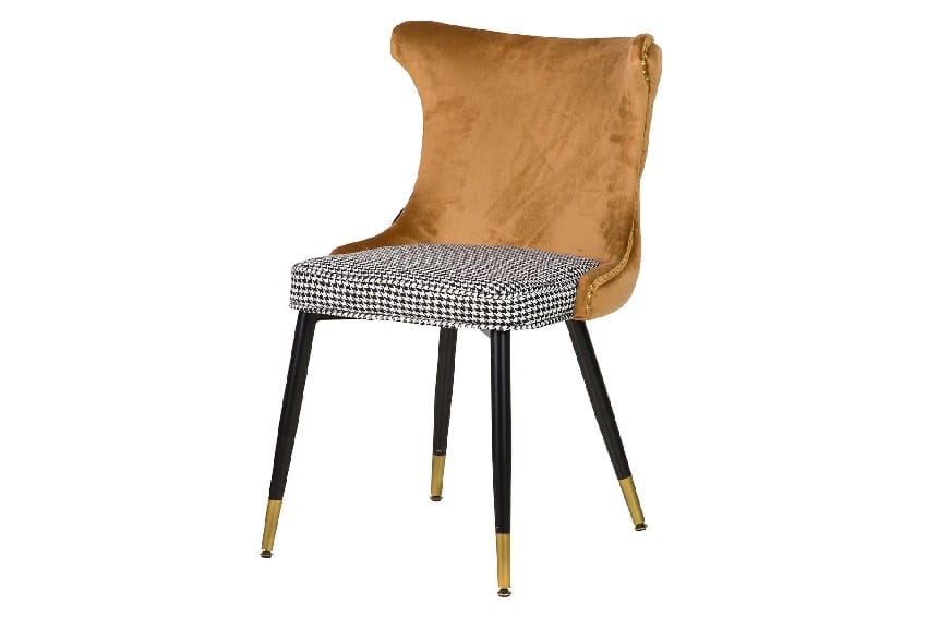 silla en terciopelo ocre con asiento en vichy blanco y negro de estilo art decó