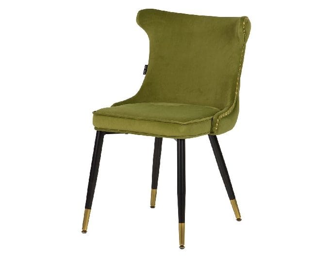 silla de estilo art decó en terciopelo verde con tachuelas y detalles de capitone