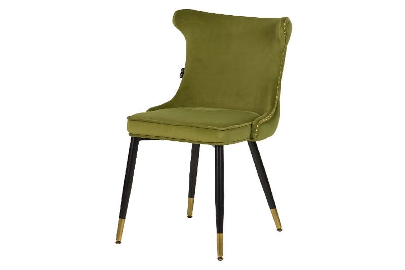 silla de estilo art decó en terciopelo verde con tachuelas y detalles de capitone