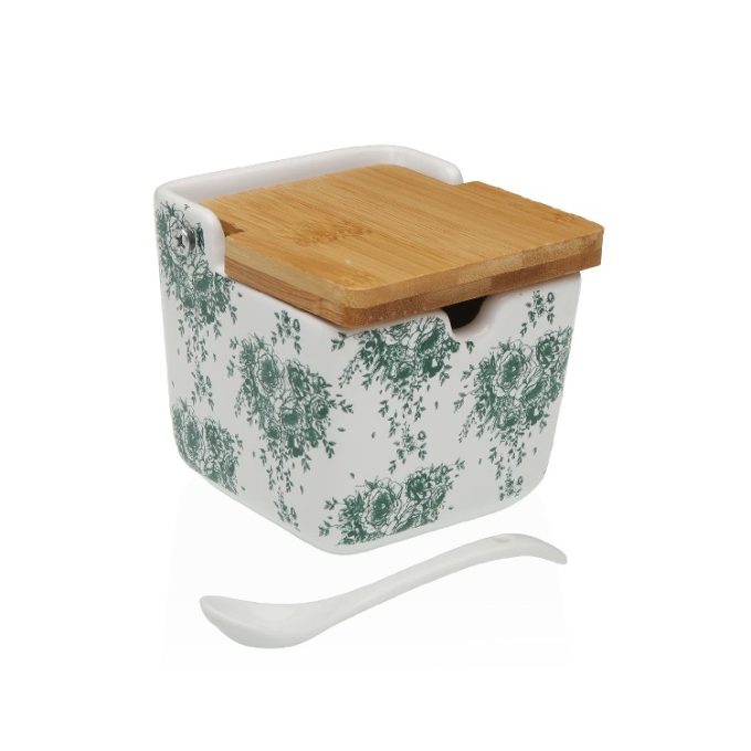 azucarero en porcelana blanco con florecillas verdes de estilo retro