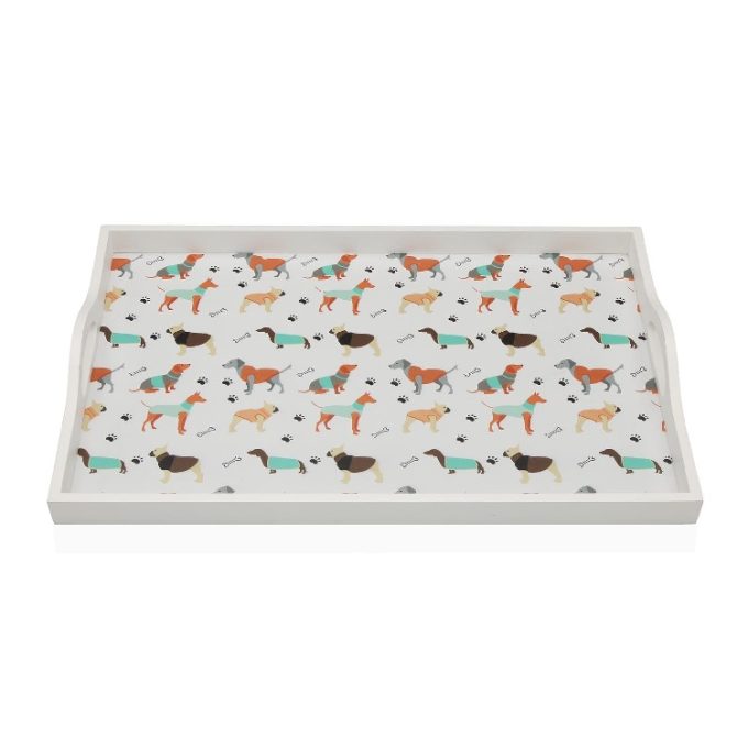 bandeja en madera blanca con motivos de perritos multicolor