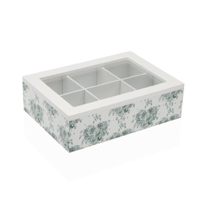 caja de té en madera blanca con dibujo de flores verdes de estilo retro