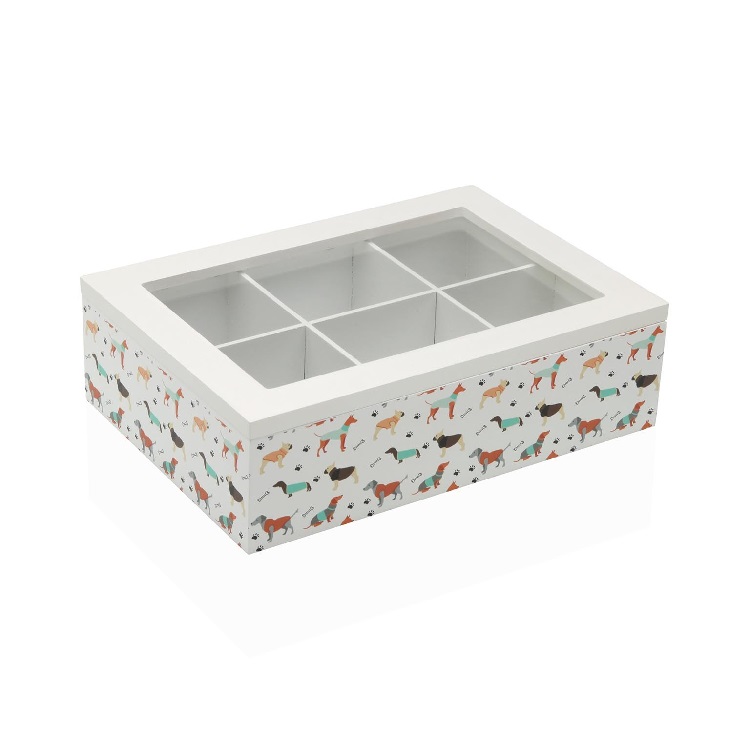 Caja de té en madera blanca con dibujo de perritos multicolor