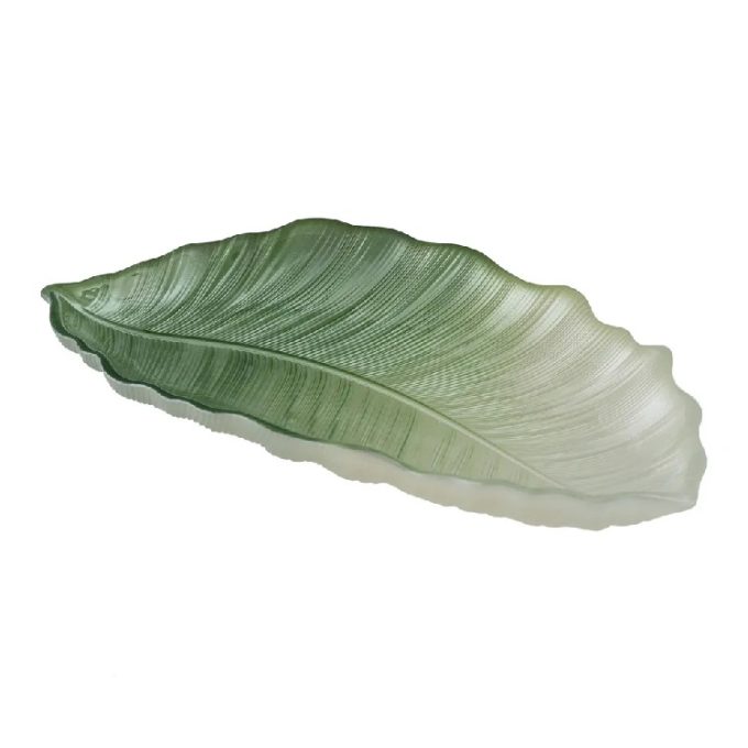 centro de mesa decorativo en cristal verde con forma de hoja
