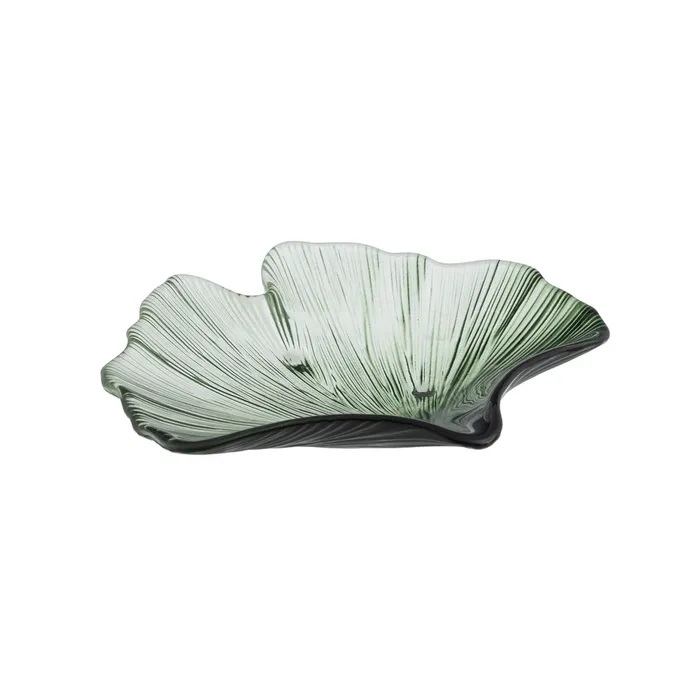centro de mesa en cristal verde con forma de hoja